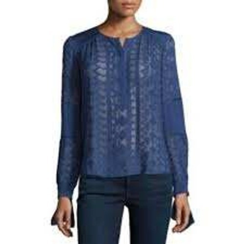 Rebecca Taylor Women Navy Lace Embroidered Long Sleeve Blouse MEDIUM Dainty Boho
